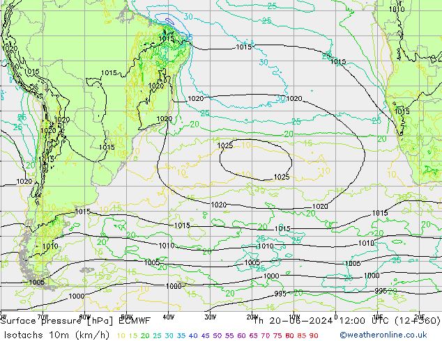 Isotachs (kph) ECMWF gio 20.06.2024 12 UTC