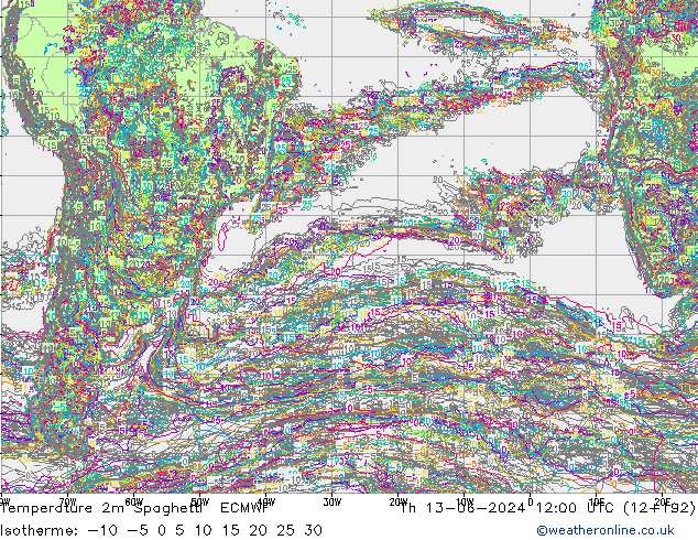 Temperature 2m Spaghetti ECMWF Th 13.06.2024 12 UTC