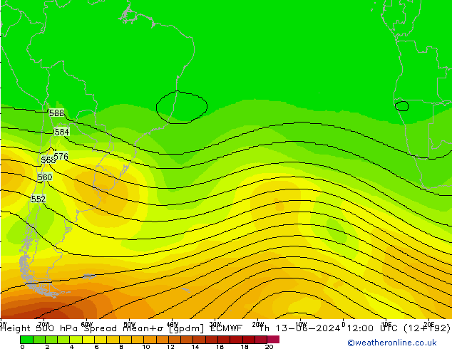 Height 500 hPa Spread ECMWF Th 13.06.2024 12 UTC