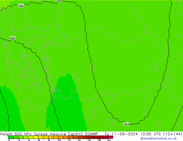 Height 500 гПа Spread ECMWF вт 11.06.2024 12 UTC