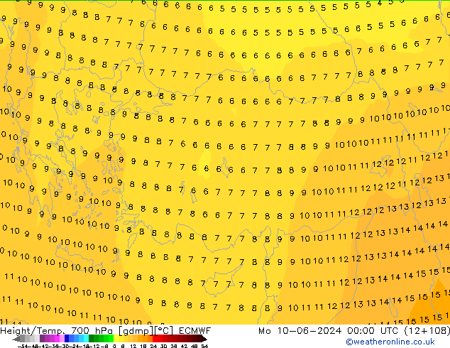 Height/Temp. 700 hPa ECMWF Mo 10.06.2024 00 UTC