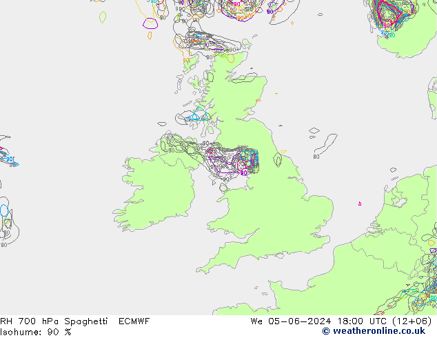 Humidité rel. 700 hPa Spaghetti ECMWF mer 05.06.2024 18 UTC