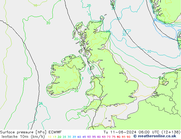 Eşrüzgar Hızları (km/sa) ECMWF Sa 11.06.2024 06 UTC