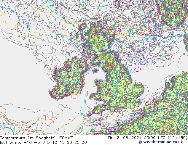 Temperature 2m Spaghetti ECMWF Th 13.06.2024 00 UTC