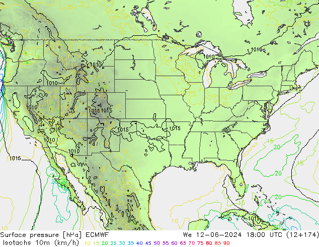 Isotachs (kph) ECMWF We 12.06.2024 18 UTC