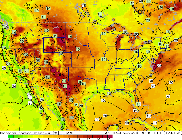 Isotachs Spread ECMWF пн 10.06.2024 00 UTC