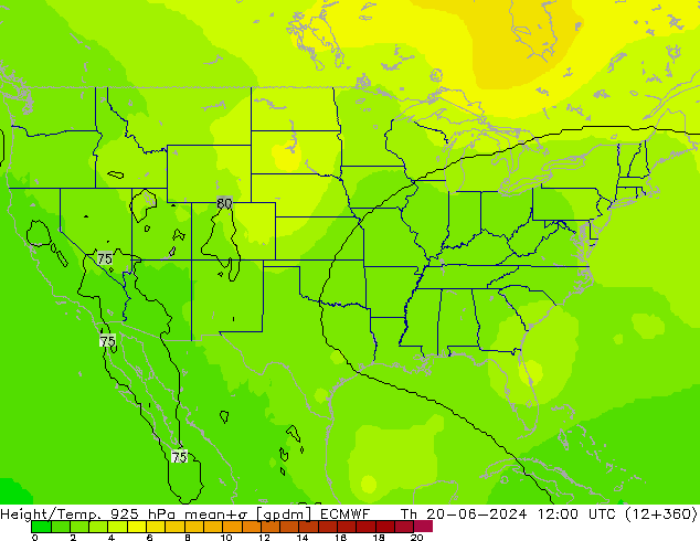 Height/Temp. 925 hPa ECMWF czw. 20.06.2024 12 UTC