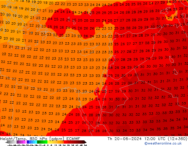 Height/Temp. 850 hPa ECMWF Th 20.06.2024 12 UTC