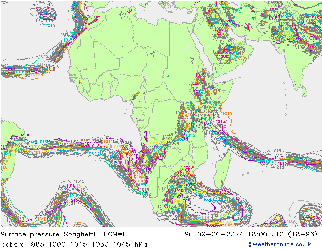 Luchtdruk op zeeniveau Spaghetti ECMWF zo 09.06.2024 18 UTC