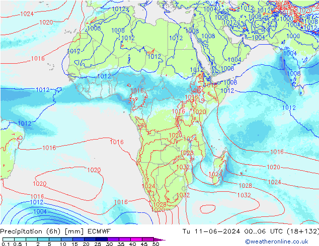 Precipitation (6h) ECMWF Tu 11.06.2024 06 UTC