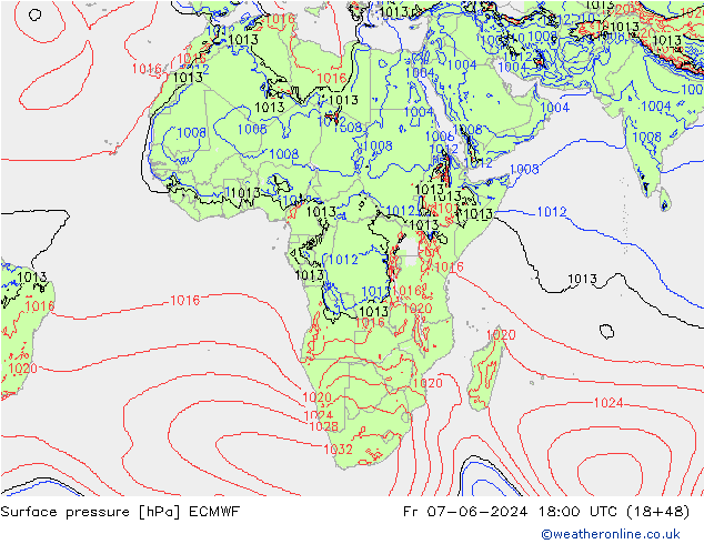 Presión superficial ECMWF vie 07.06.2024 18 UTC