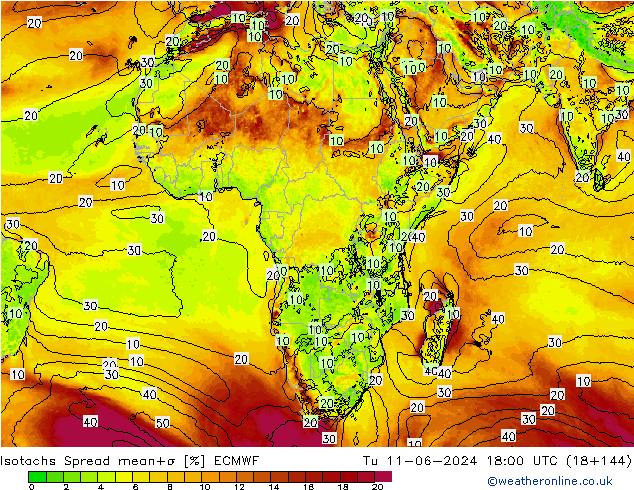 Isotachs Spread ECMWF Út 11.06.2024 18 UTC