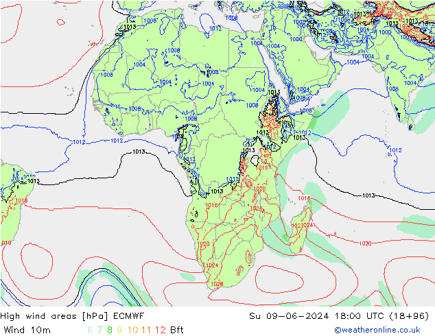 High wind areas ECMWF Su 09.06.2024 18 UTC