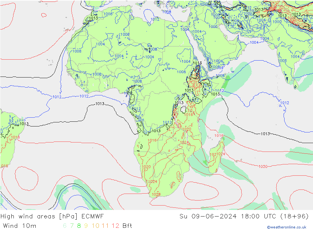 High wind areas ECMWF Su 09.06.2024 18 UTC