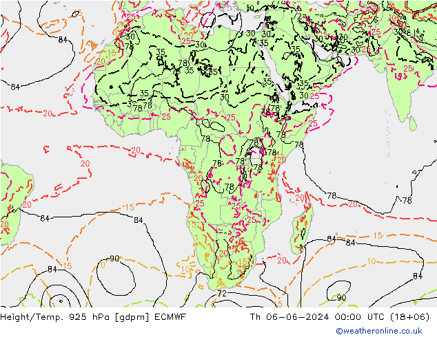 Height/Temp. 925 hPa ECMWF Qui 06.06.2024 00 UTC