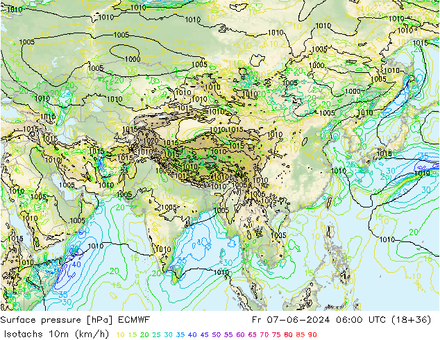 Eşrüzgar Hızları (km/sa) ECMWF Cu 07.06.2024 06 UTC