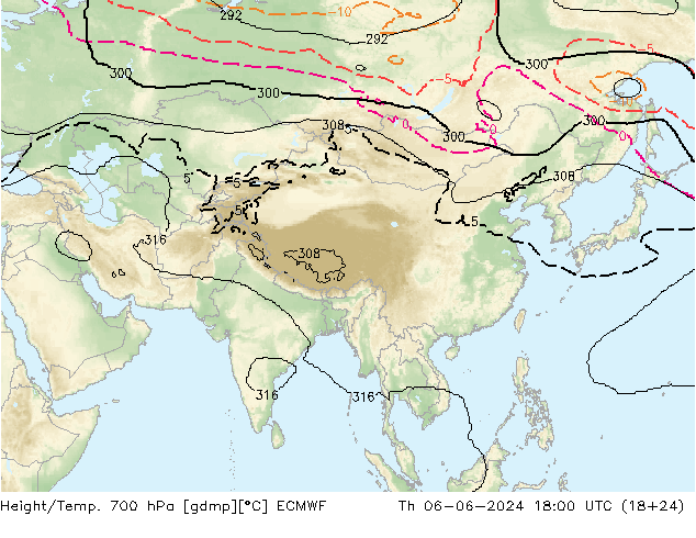 Height/Temp. 700 hPa ECMWF Th 06.06.2024 18 UTC