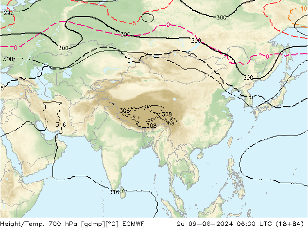 Geop./Temp. 700 hPa ECMWF dom 09.06.2024 06 UTC