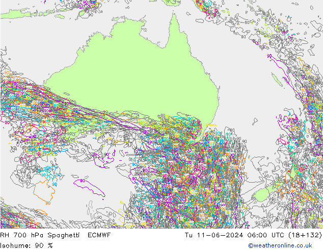 RH 700 hPa Spaghetti ECMWF Tu 11.06.2024 06 UTC