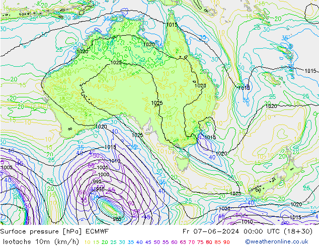 Isotachs (kph) ECMWF Fr 07.06.2024 00 UTC