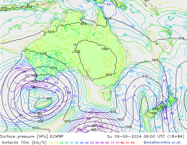 Isotachs (kph) ECMWF Ne 09.06.2024 06 UTC