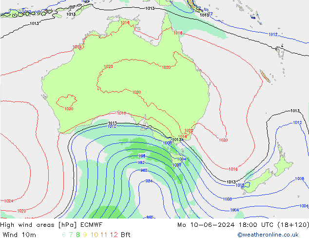 High wind areas ECMWF  10.06.2024 18 UTC