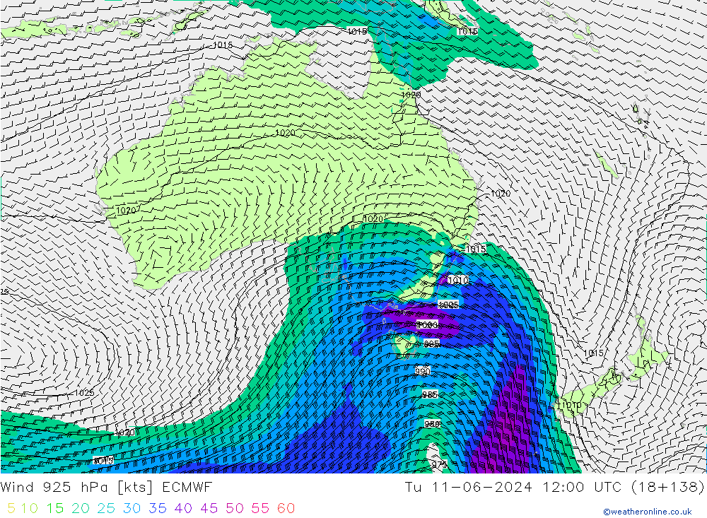 Wind 925 hPa ECMWF Di 11.06.2024 12 UTC