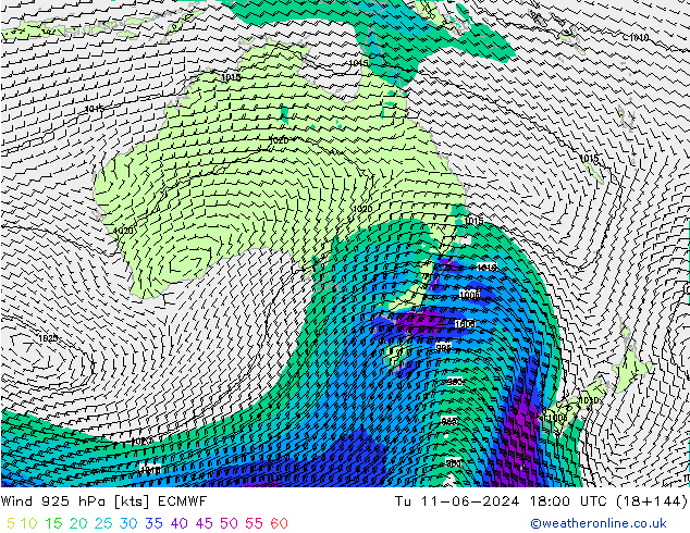 Vent 925 hPa ECMWF mar 11.06.2024 18 UTC