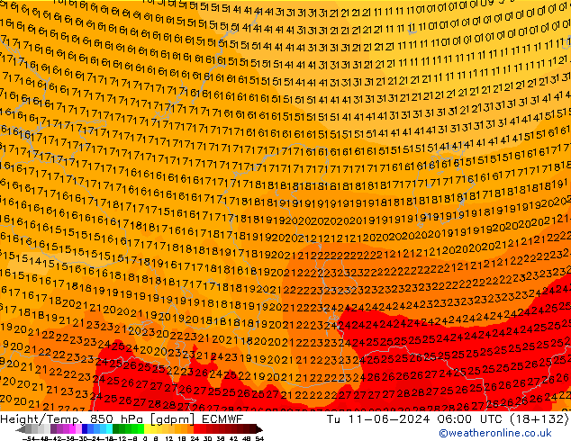 Height/Temp. 850 hPa ECMWF Út 11.06.2024 06 UTC