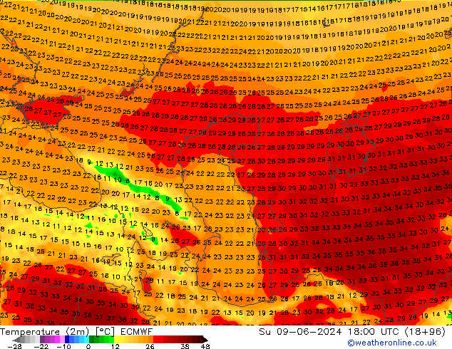 Temperatura (2m) ECMWF Dom 09.06.2024 18 UTC