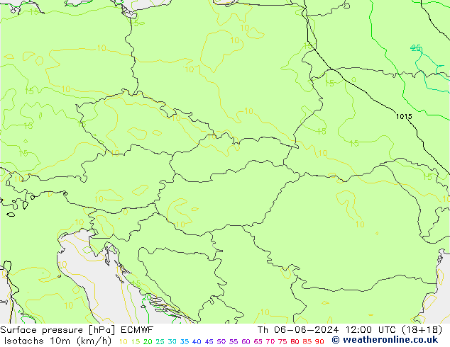 Izotacha (km/godz) ECMWF czw. 06.06.2024 12 UTC