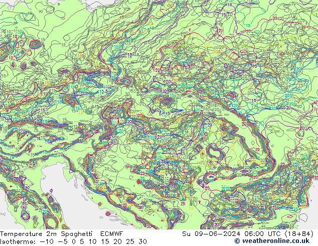 Temperatura 2m Spaghetti ECMWF dom 09.06.2024 06 UTC