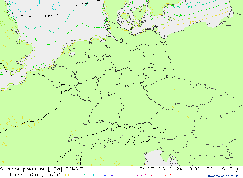 Isotachs (kph) ECMWF Pá 07.06.2024 00 UTC