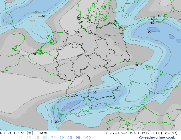 Humidité rel. 700 hPa ECMWF ven 07.06.2024 00 UTC