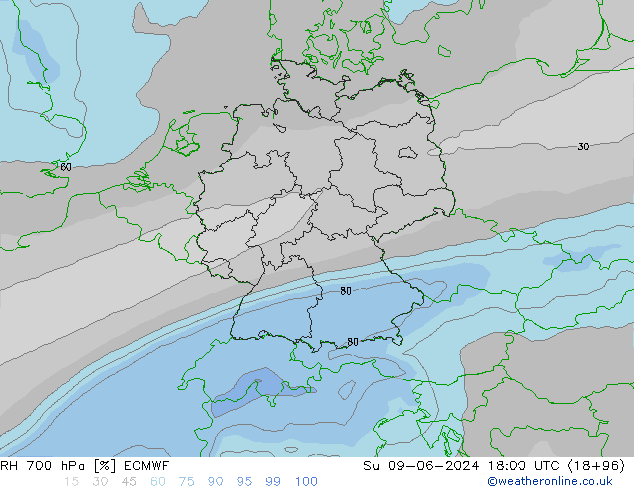 RH 700 hPa ECMWF Su 09.06.2024 18 UTC