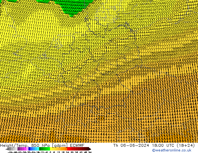 Geop./Temp. 850 hPa ECMWF jue 06.06.2024 18 UTC