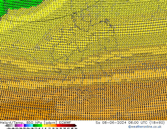 Height/Temp. 850 гПа ECMWF сб 08.06.2024 06 UTC