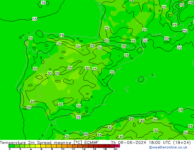 Temperaturkarte Spread ECMWF Do 06.06.2024 18 UTC