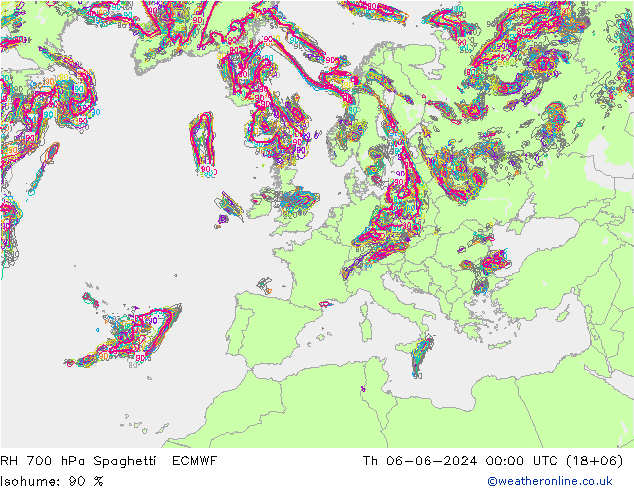 RH 700 hPa Spaghetti ECMWF Do 06.06.2024 00 UTC