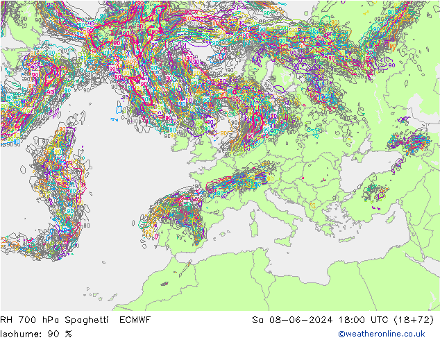 RH 700 hPa Spaghetti ECMWF Sa 08.06.2024 18 UTC