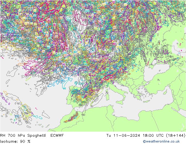 RH 700 hPa Spaghetti ECMWF Tu 11.06.2024 18 UTC