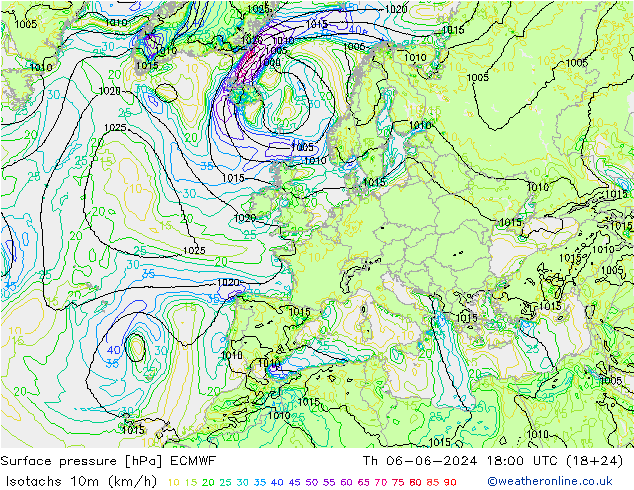 Isotachen (km/h) ECMWF Do 06.06.2024 18 UTC