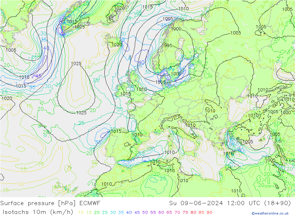 Isotachs (kph) ECMWF Dom 09.06.2024 12 UTC