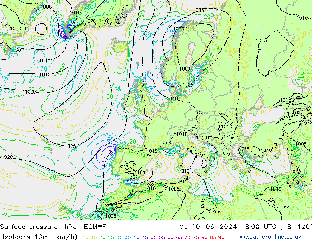 Isotaca (kph) ECMWF lun 10.06.2024 18 UTC