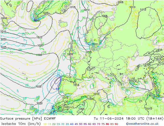 Isotachen (km/h) ECMWF Di 11.06.2024 18 UTC