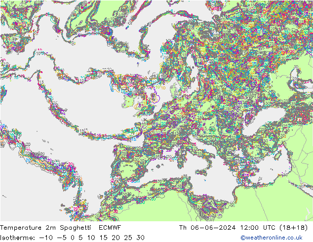 Temperatura 2m Spaghetti ECMWF jue 06.06.2024 12 UTC