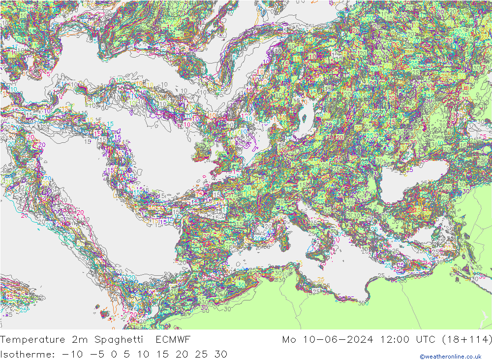 Temperature 2m Spaghetti ECMWF Mo 10.06.2024 12 UTC