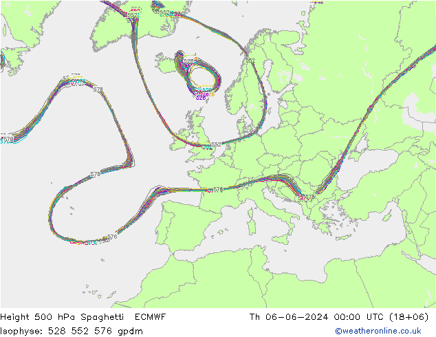 Height 500 hPa Spaghetti ECMWF czw. 06.06.2024 00 UTC