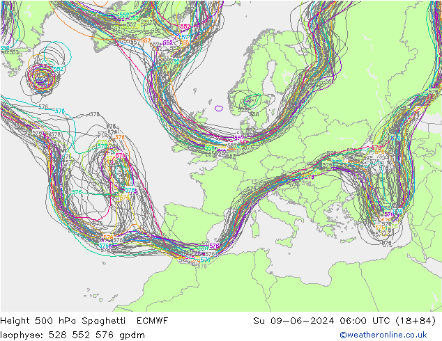 Height 500 hPa Spaghetti ECMWF So 09.06.2024 06 UTC