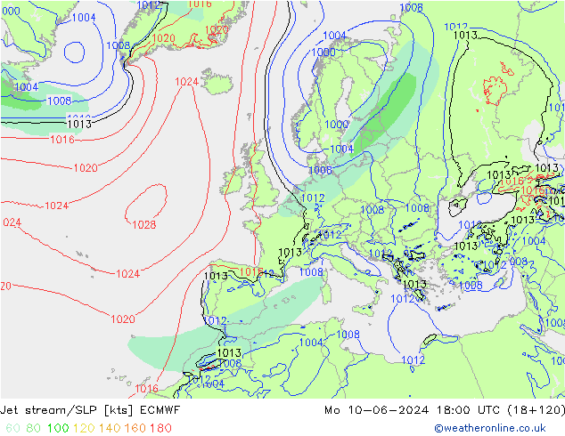 Straalstroom/SLP ECMWF ma 10.06.2024 18 UTC